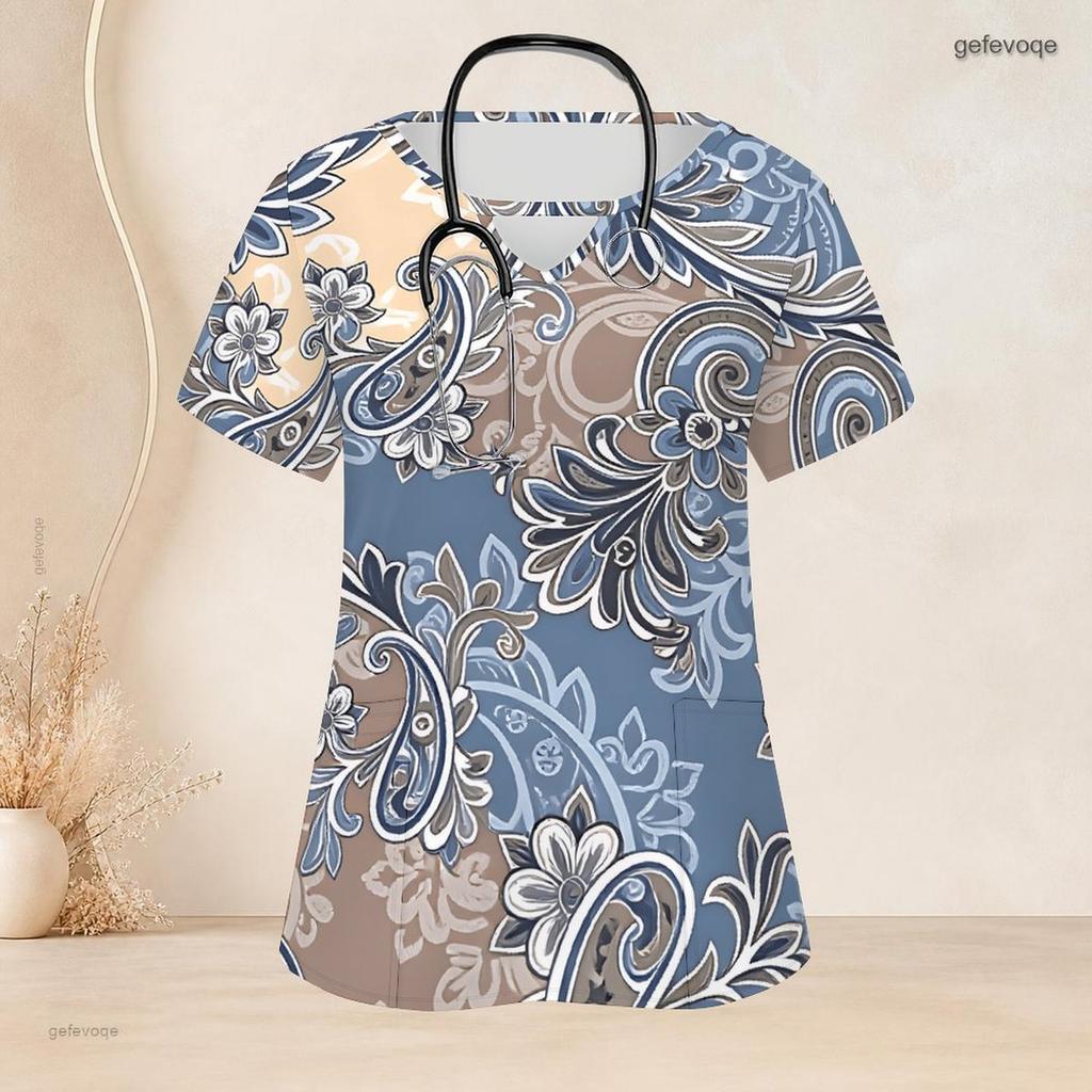 Women Plus Size White Floral Printed Scrub Top Keyhole Neck Short Sleeve With Front Pockets