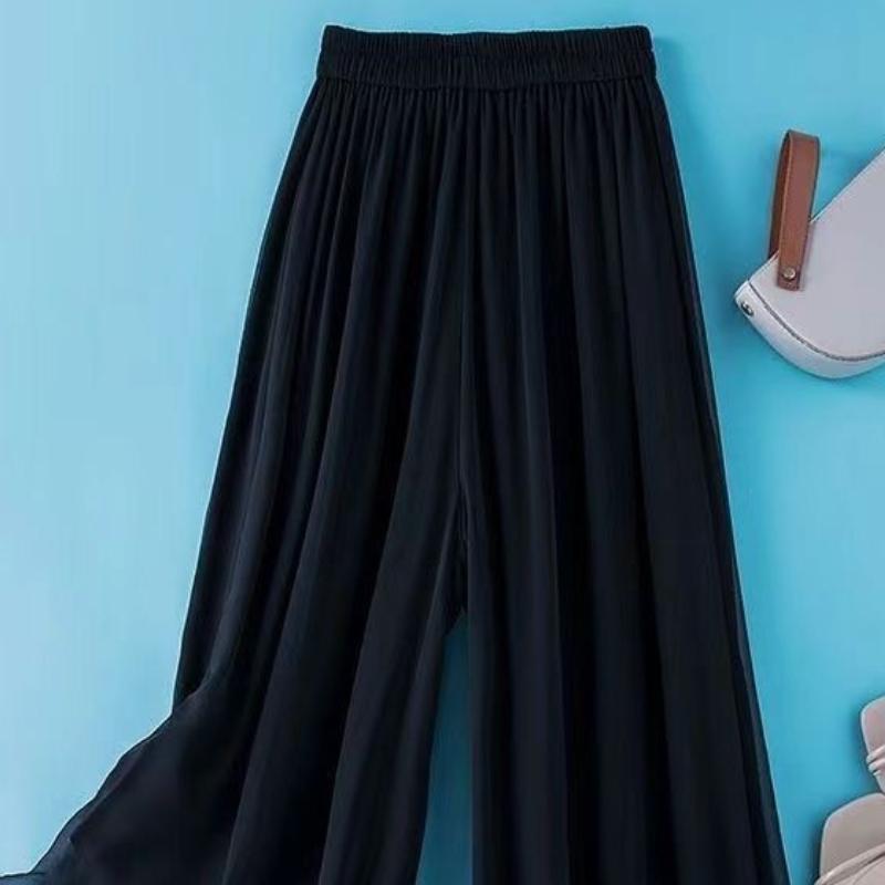 Pantaloni estivi a vita alta in chiffon a gamba larga da donna - Doppio strato drappeggiato danza vestibilità ampia lunghezza 9/10 pantaculotte gonna pantaloni