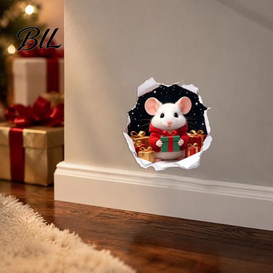 3D Stereoscopic Hole Stickers Illusion Christmas Mouse Wall Sticker, Peel And Stick Waterproof PVC Indoor Outdoor Festive Ornaments Decal for