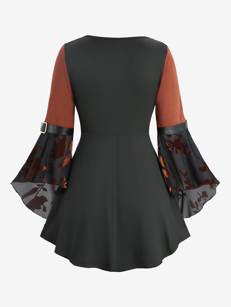 Rosegal Plus Size Floral Jacquard Grommets Lace-up Lace Trim Flare Sleeves Asymmetrical Top