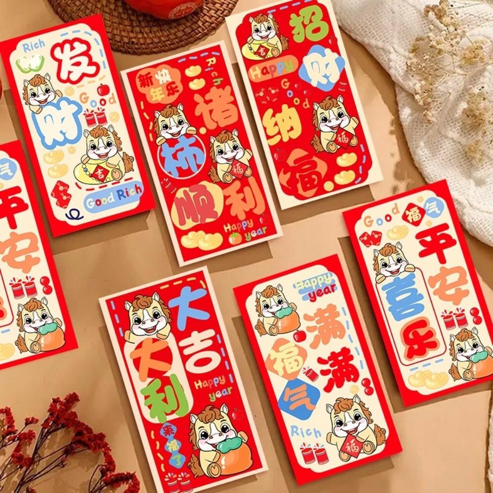 6pcs Best Wishes 2026 Horse Year Money Envelope Chinese Tradition Red Envelope  New Year Celebration