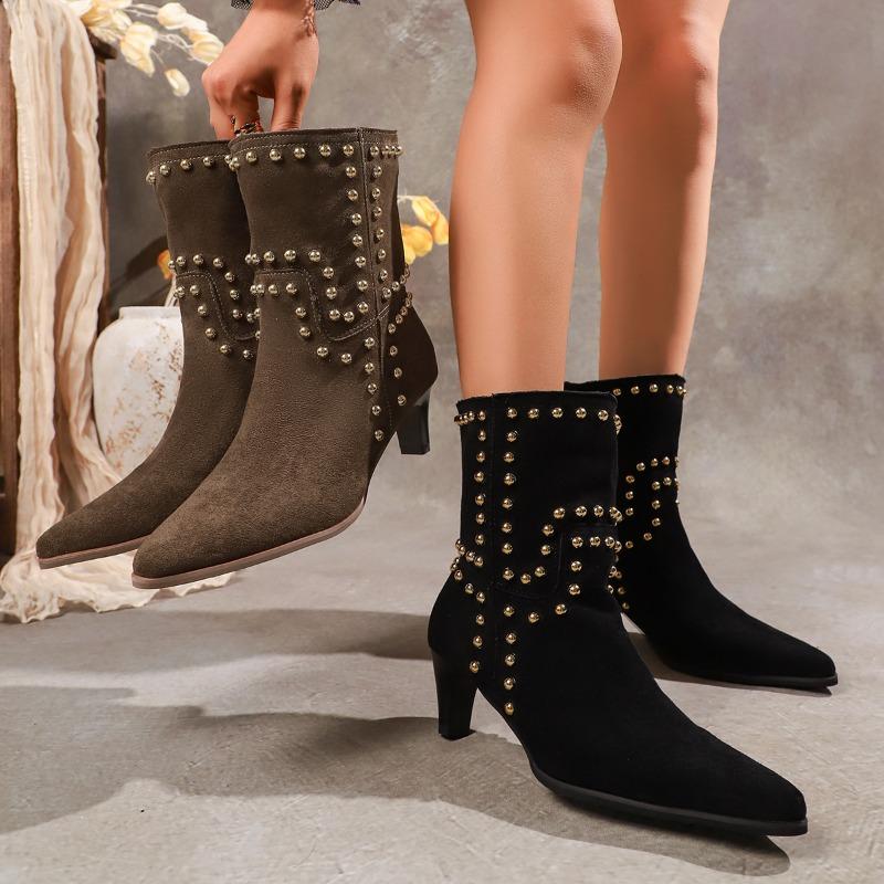 2025 Autumn and Winter Rivet Fashion High Heel Chelsea Boots Pointed and Nude Boots High Heels Stiletto Western Boots