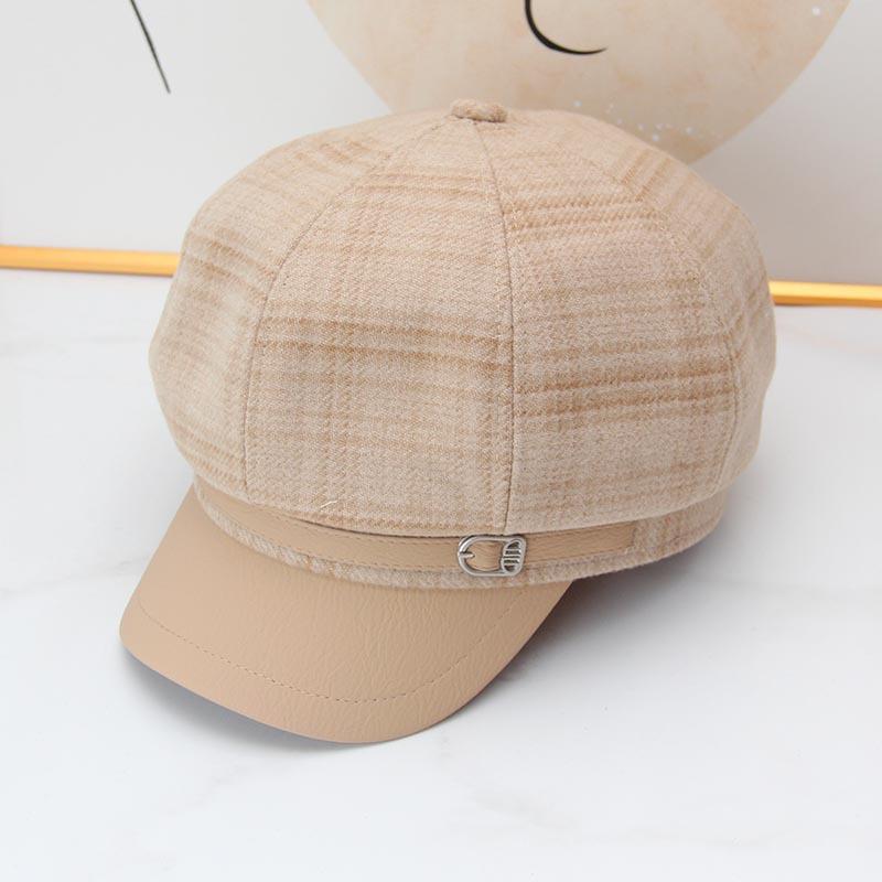 Vintage plaid woolen octagonal hat female autumn and winter face small leather brim newsboy hat British belt buckle painter beret