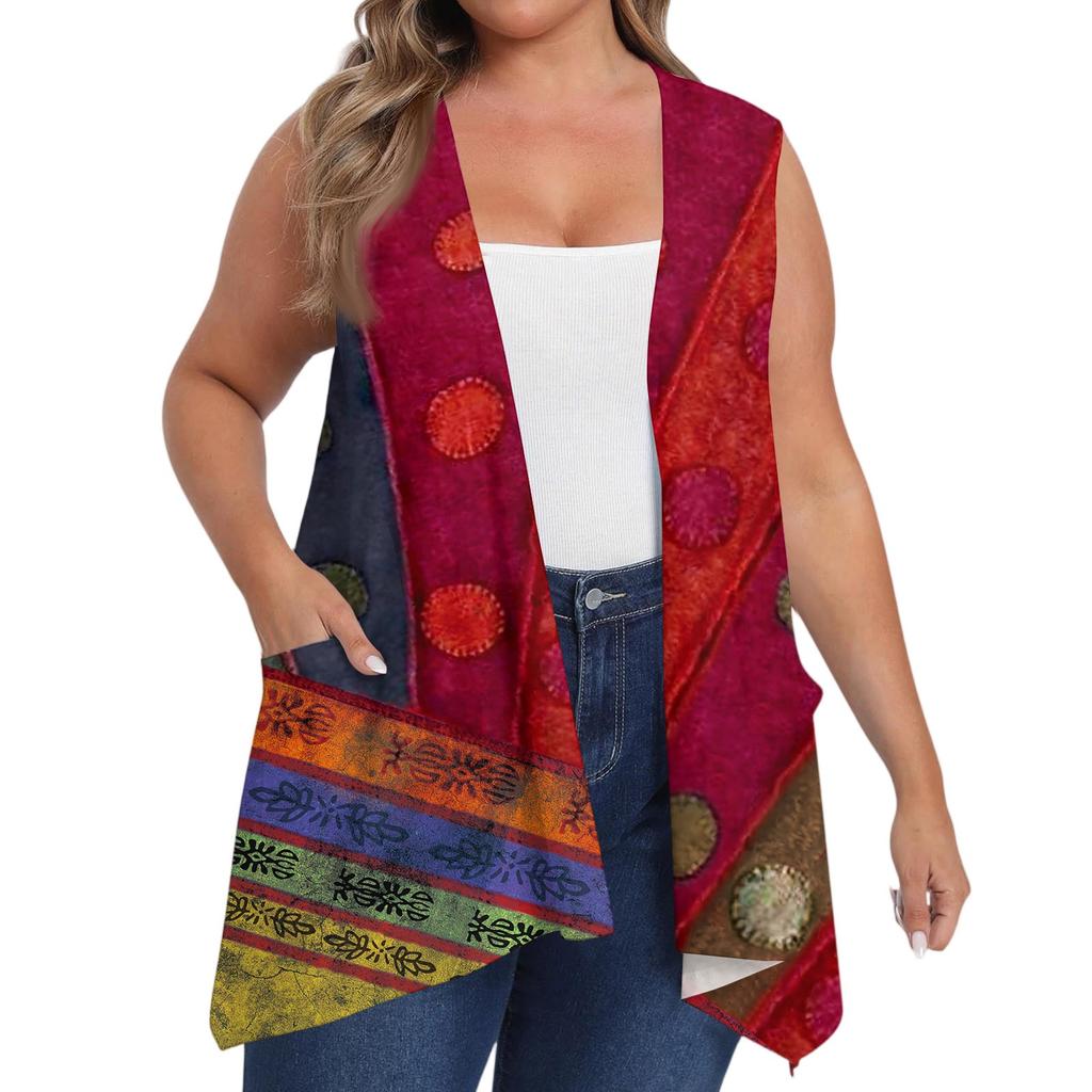 Women's Oversized Loose Casual Printed Sleeveless Vest With Pocket Cardigan Jacket Cardigan Jacket