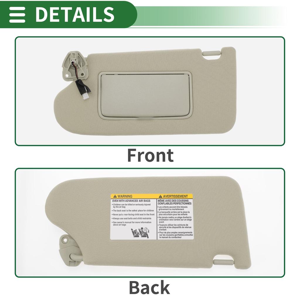 Motoforti Left Driver Side Car Sun Visor Assembly with Mirror and Light, Gray, Plastic, for Nissan Maxima 2016-2021