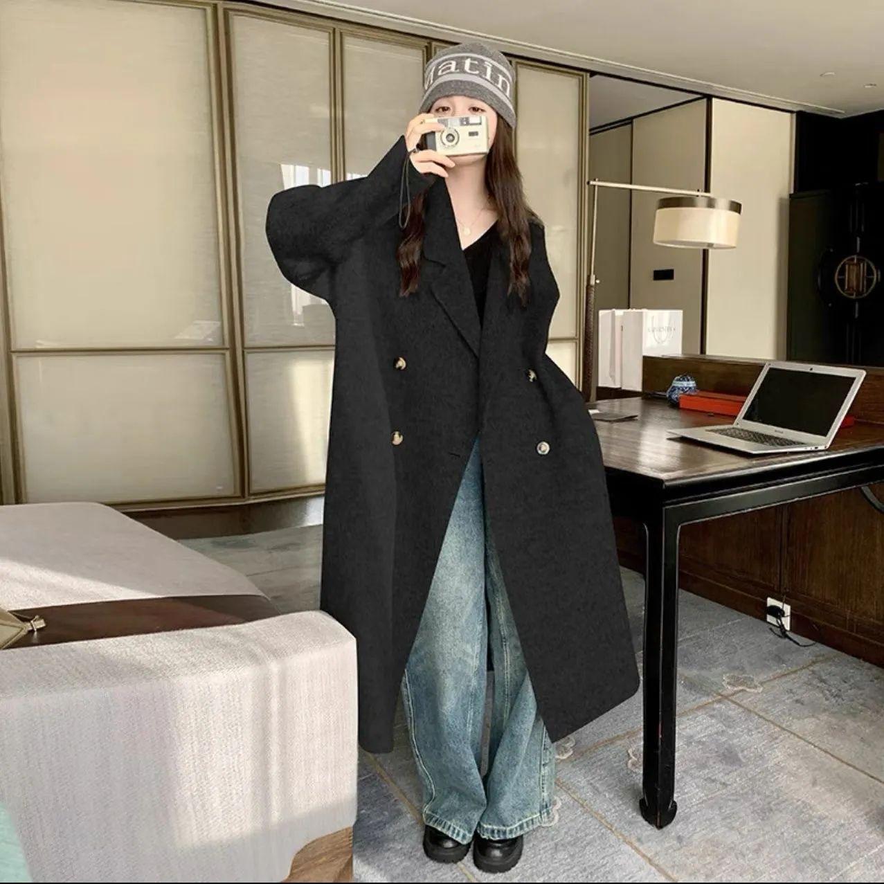 

Шерстяное пальто цвета риса белого цвета с утолщенной средней и длинной шерстяной курткой для женщин 2XL чёрный