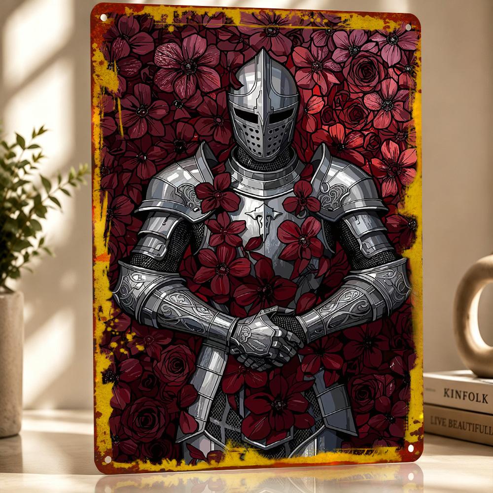 Knight In Armor Surrounded By Flowers Metal Poster Perfect Gift for Fans Lovers Personalized Wall Art Metal Sign for Funny Signs