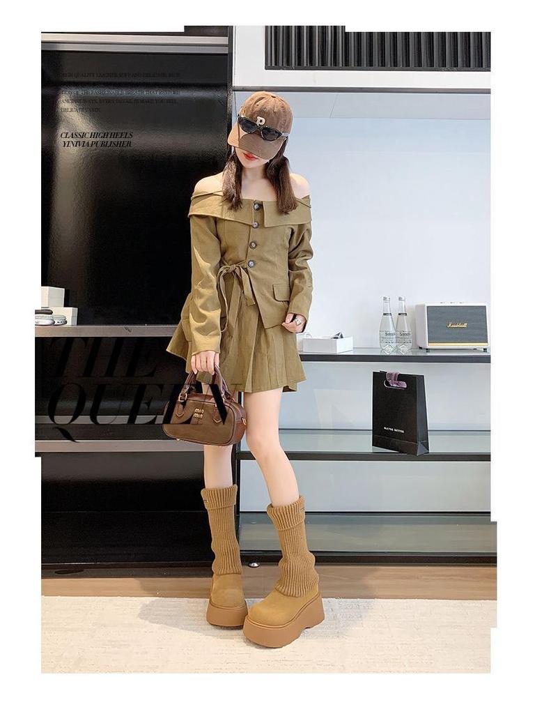 2025 Elastic Knit Sock Boots: Single-Sided Lining, Casual Autumn/Winter, Versatile Streetwear, College Style, Brown.