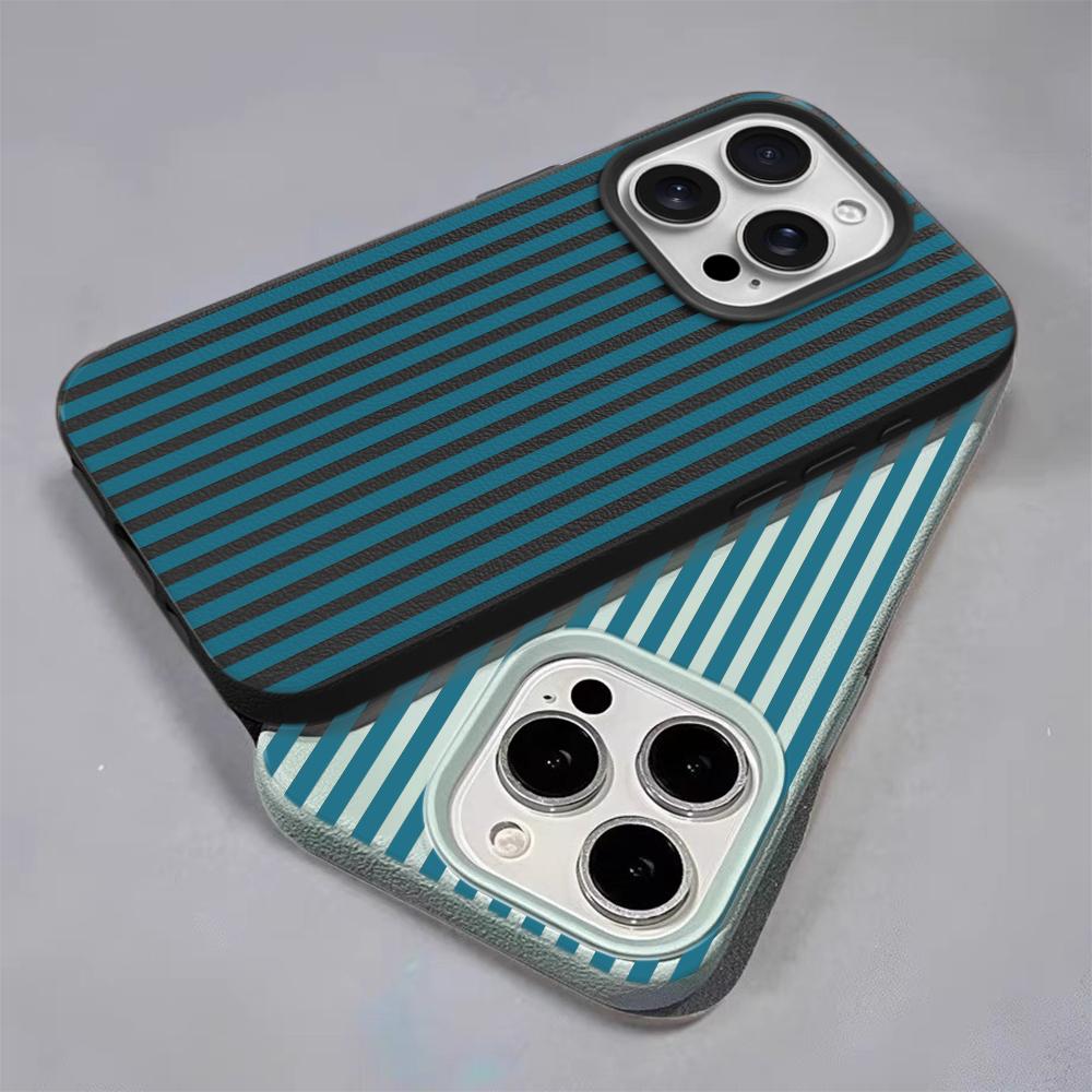 Blue Stripe Minimalist Lychee Texture Case for iPhone 17 17E 16 15 14 13 12 11 Pro Max Vintage Shockproof Protector