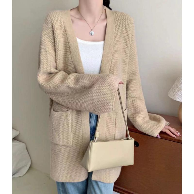New Autumn and Winter Gentle Niche Medium and Long Solid Color Pocket Knitted Cardigan Soft Waxy Sweater Jacket Women