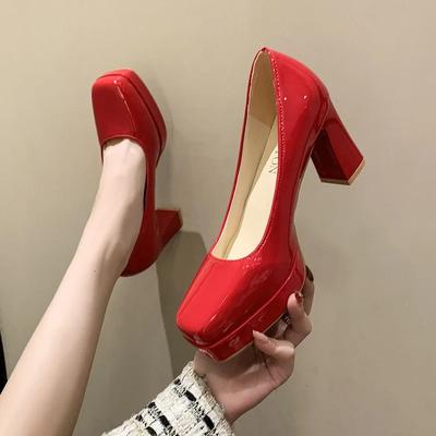 2024 Nuovo Scarpe da Donna con Tacco Quadrato Décolleté Pelle Verniciata Sexy Matrimonio Festa Ufficiale Tempo Libero Super Grande