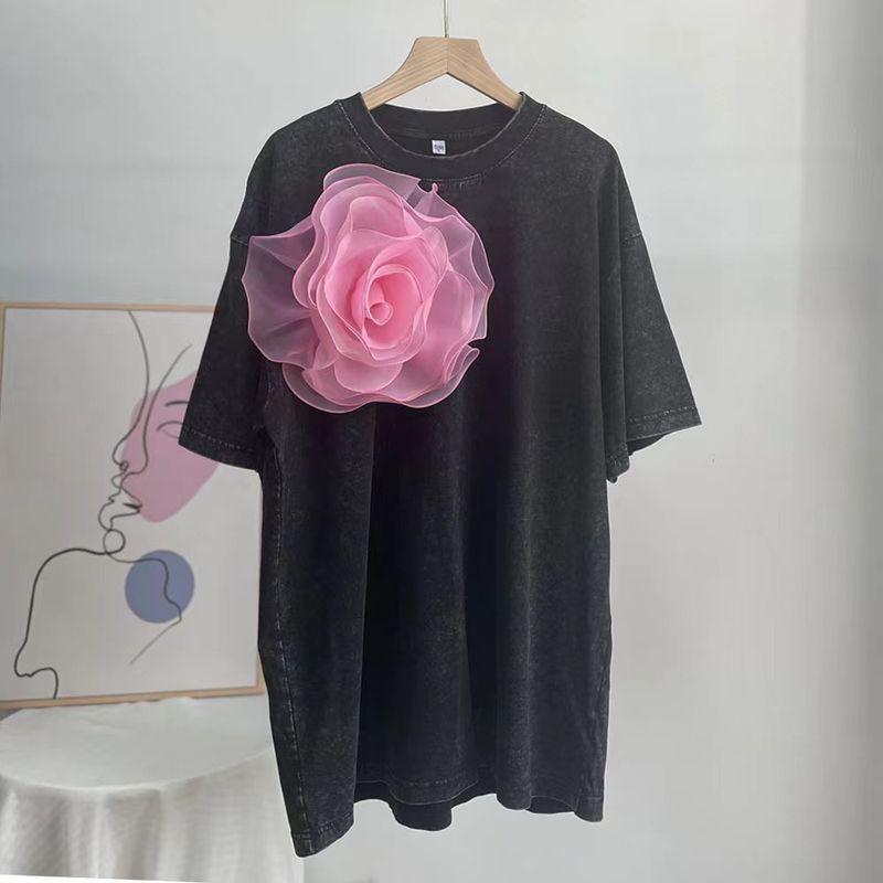 

Fashion New Arrival Washed Batik Loose Short Sleeve Distressed Three-Dimensional Flower T-shirt Flower Loose T-shirt Black M