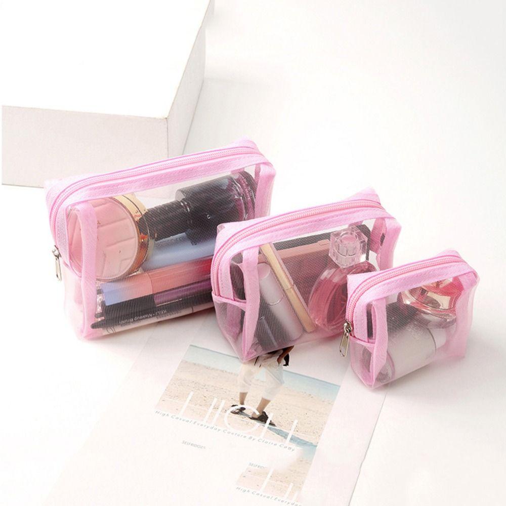 Large Capacity Transparent Makeup Bag Zipper Handheld Makeup Pouch for 3Pcs/Set Girls