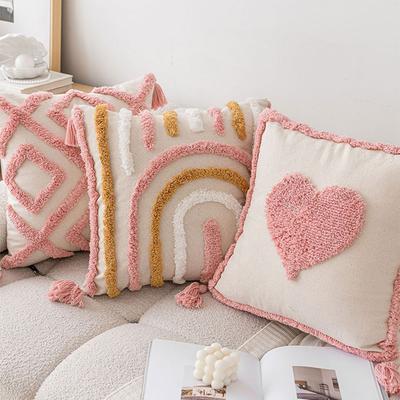 Rosa getufteter Kissenbezug aus Baumwolle mit Quasten, süßer dekorativer Kissenbezug für Sofa, schicker Funda Cojin-Kissenbezug im Boho-Stil