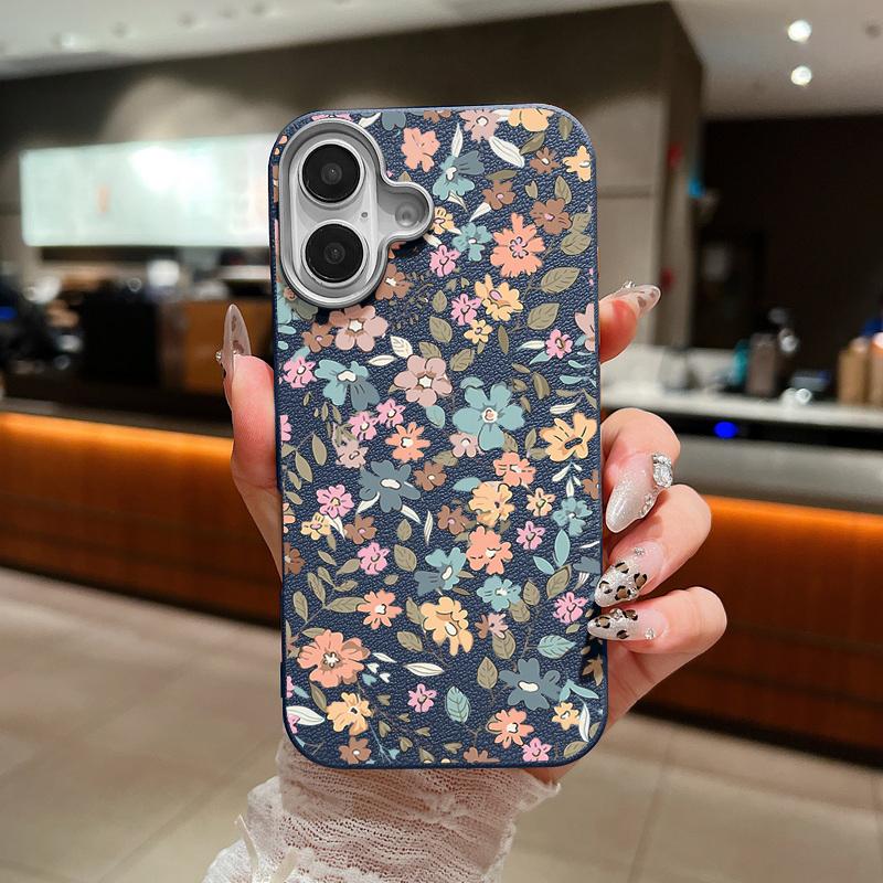 Little Fresh Flower Print Leather Texture Phone Case For iPhone 16 Pro Max 15 Plus 14 Pro 13 12 11 Matte Slim Shockproof TPU Soft Bumper Cover