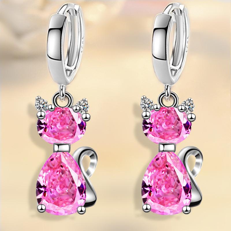Aqua Blue Pink White Zircon Animal Earring Female Cute Small Cat Hoop Earrings For Women Trendy Silver Color Bridal Jewelry Gift