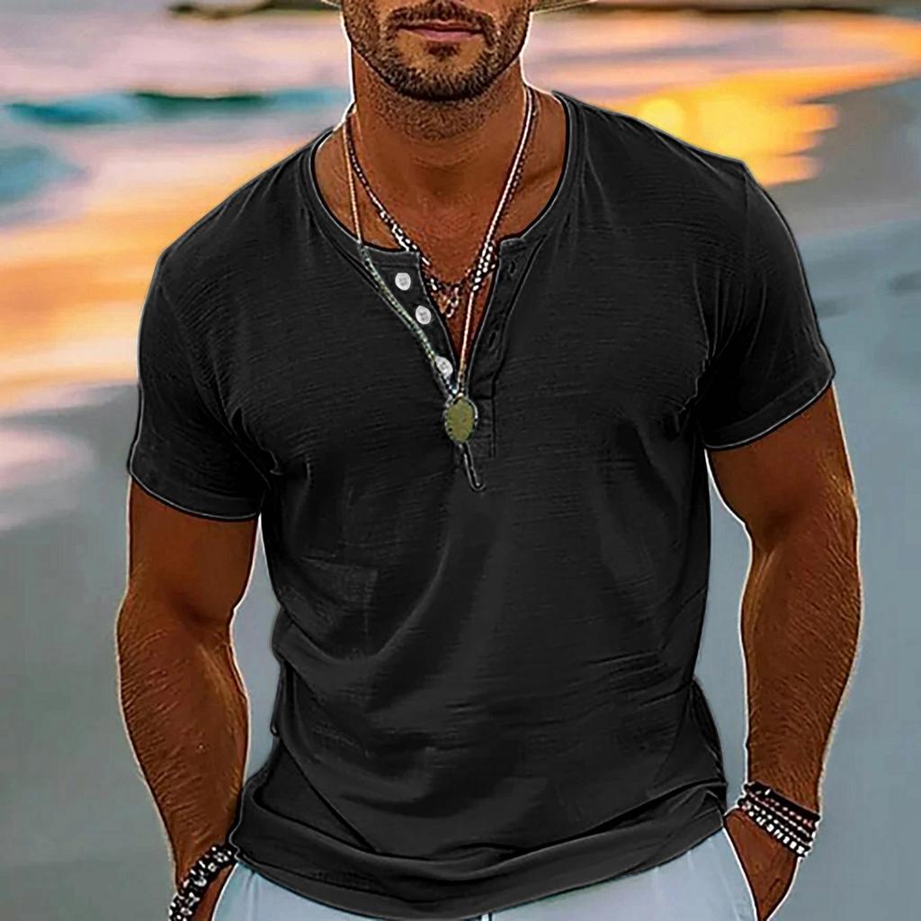 Vintage Summer Men's T-Shirt Streetwear 3 Buttons Open Fly Loose Clothing Print Short Sleeve T-Shirt