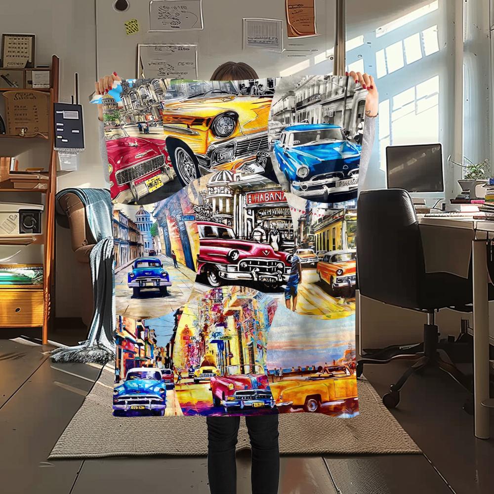 1Pc Vintage Car Print Flannel Blanket, High Quality Comfortable for All Seasons, Home Decor, Warmth and Comfort, Perfect for Christmas Gifts