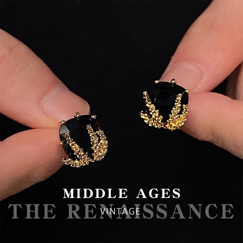 Средневековые черные золотые квадратные геометрические серьги-пуссеты с колосьями пшеницы из серебряной иглы, темпераментные, простые и универсальные серьги