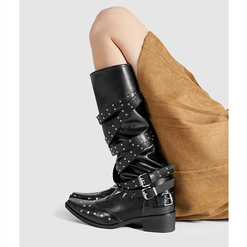 Fashion Vintage Leather Rivet Spike Belt Buckle Women Motorcycle Boots Fashion Autumn Winter High heels Punk Cowboy Knight Boots Shoes
