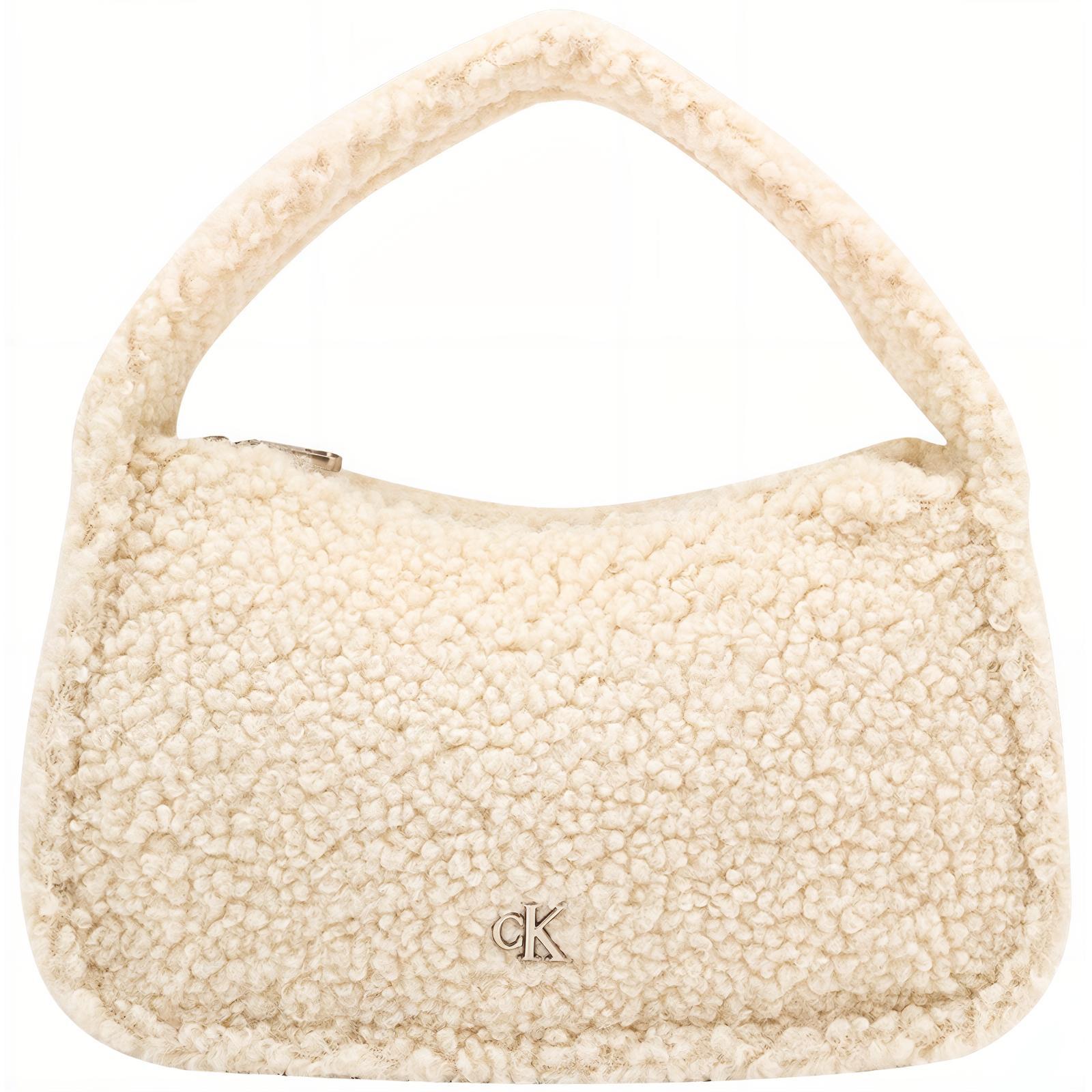 Calvin Klein Retro Faux Shearling Metal Letter Fashion Cute Fabric Tote Bag Medium Women tote bag Cream-White 4K3005G-PAS PAS-Cream White