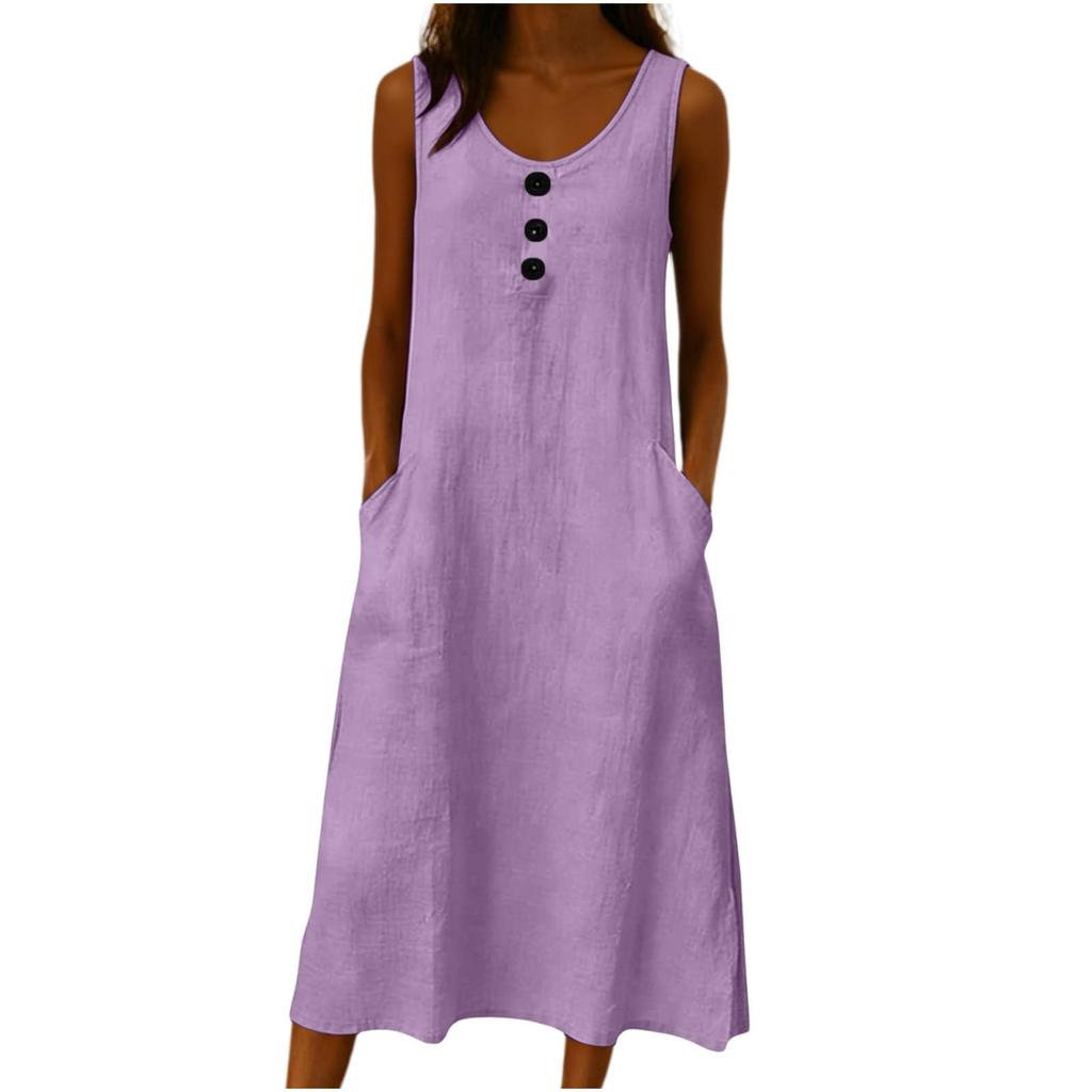 Sleeveless Casual Washed Wrinkle Dress for Women with Button Front and Pockets Loose Fit Midi Length Summer Dress