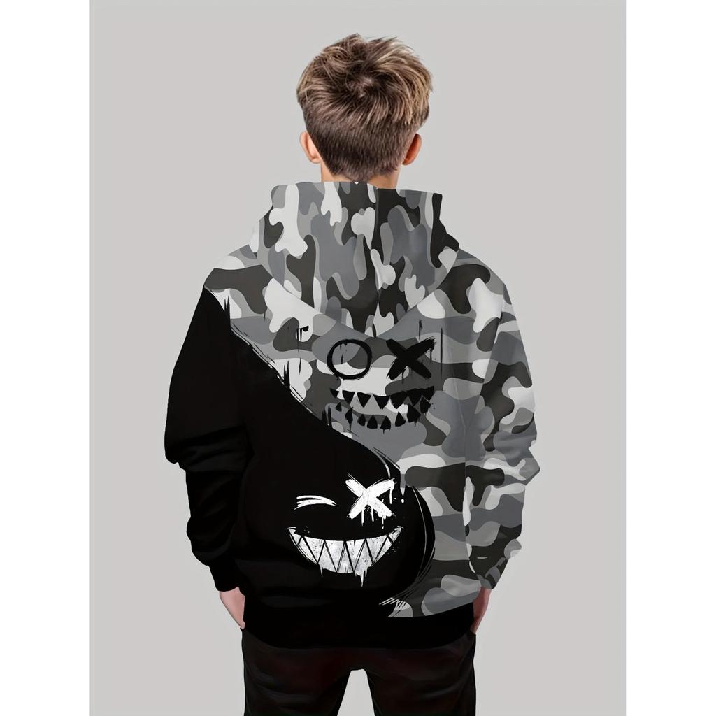 Children's clothing, boys' creative 3D printed hooded sweatshirt, boys' casual sports long sleeved hooded top
