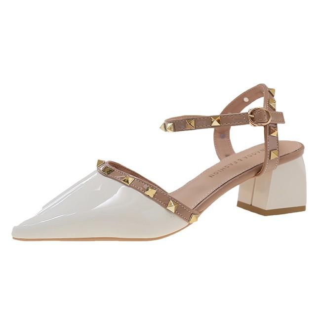 Rivet high heels hollow middle heel comfortable single shoes pointed tip one-word buckle willow bag head sandals fairy style thick heel