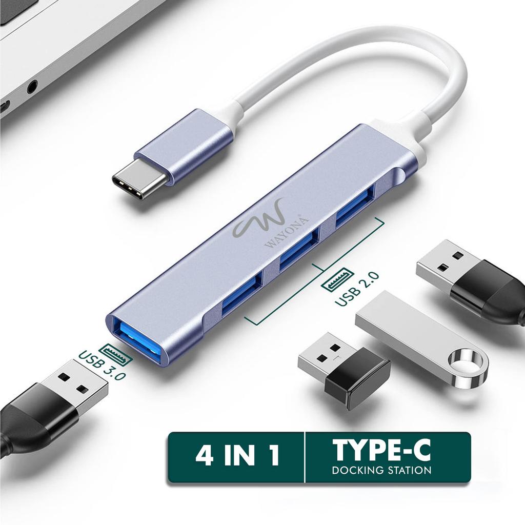 Wayona USB 4 Ports USB and 3 USB Data Compatible with and Smartphones with Gray Type-C Hub, (1 3.0 2.0 Ports), Transfer, Laptops, PCs, MacBooks,