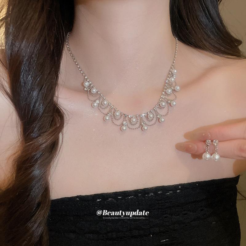 Lace pearl necklace stud earrings set light luxury retro celebrity elegant dinner dress temperament jewelry women