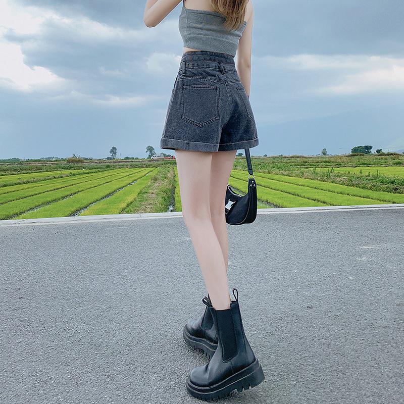 Women's Ultra High Waist Gray Denim Shorts - Double Button, A-Line, Wide Leg, Petite Size