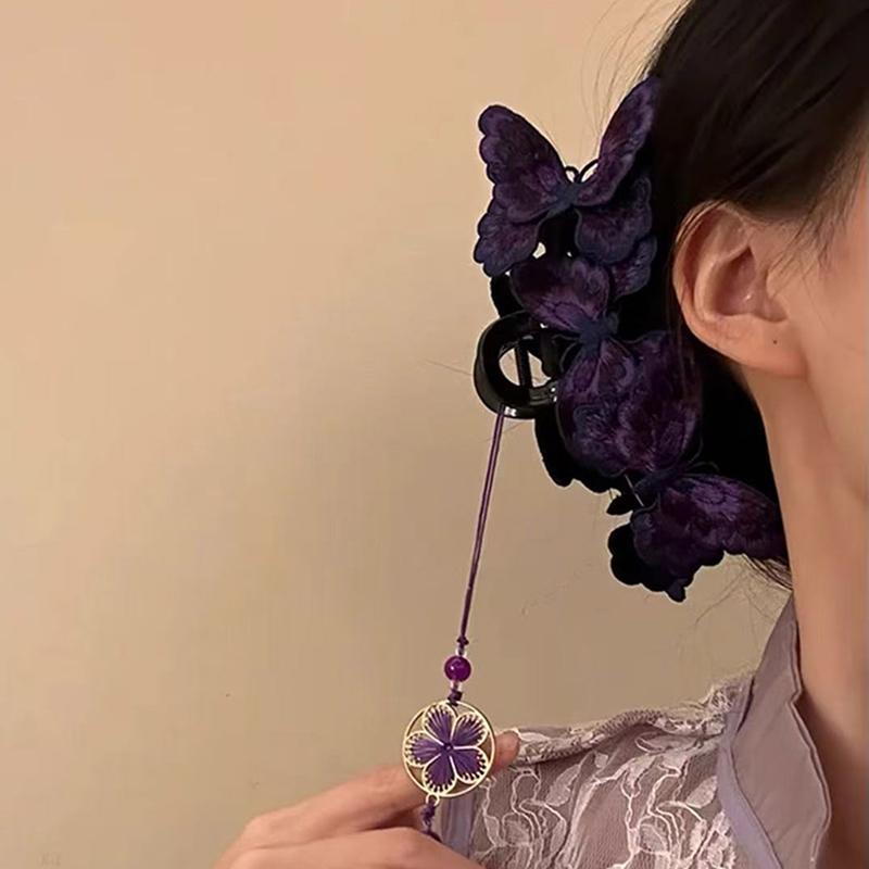 Chinesischer Stil Stricken Schmetterling Haarspangen Damen Lila Lange Blume Quaste Haifisch Greifklemmen Vintage Hanfu Kopfschmuck