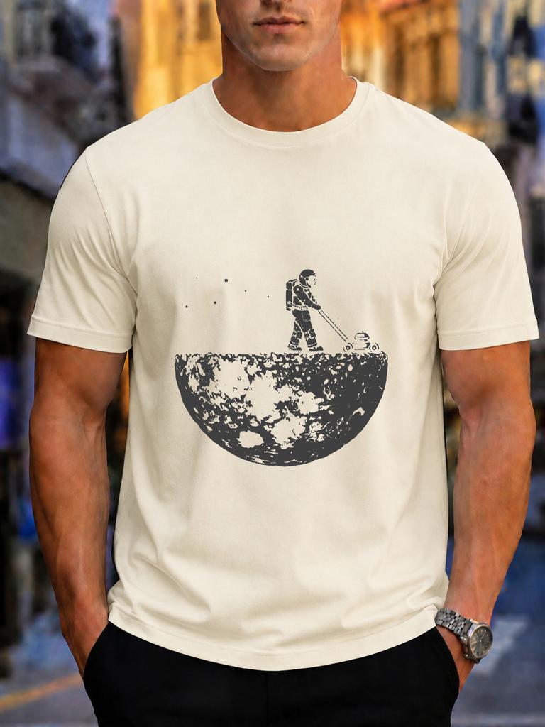 2026 New Arrival Pure Cotton Tshirt Creative Astronaut Mowing On The Moon Print Crew Neck Unisex Top Casual Short Sleeve