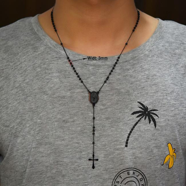 Edelstahl Rosenkranz Halskette für Männer Frauen Religiös Kugelkette Christliches Münz Kreuz Anhänger Jesus Schmuck Zubehör