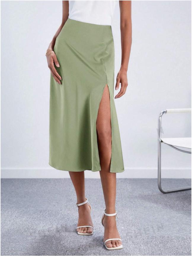 

High Waist Satin Slit Midi Skirt - New Spring Celebrity Style, European & American Swing Design Extra Large зелений/жовтий
