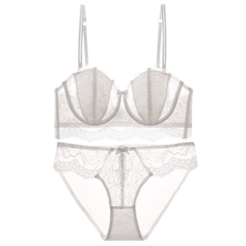 Rabbit Ears Thin Big Bra Showing Small Breasts Underwear Women's White Lace Sexy Gathering Summer Bra Set