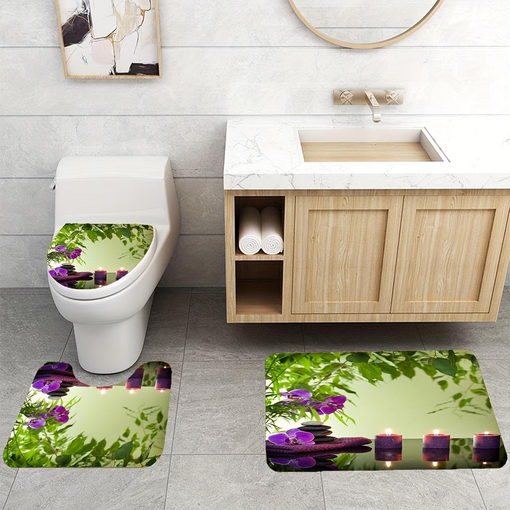 4Pcs Spa Orchids Blooms Treatment Shower Curtain Sets for Bathroom Non-Slip Bathroom Rugs Lid Toilet Cover Bath Mat