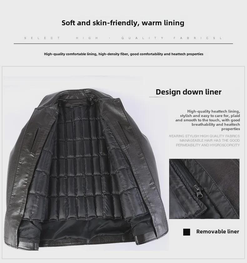 Chaqueta de cuero genuino de invierno para hombre con cuello de piel desmontable y forro de plumón: ideal para personas de mediana edad y mayores.