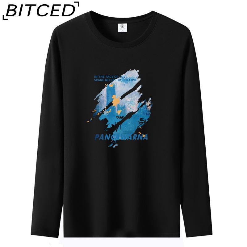 BITCED Мужская футболка с длинными рукавами, облегающая, весна-осень, универсальная рубашка с круглым вырезом
