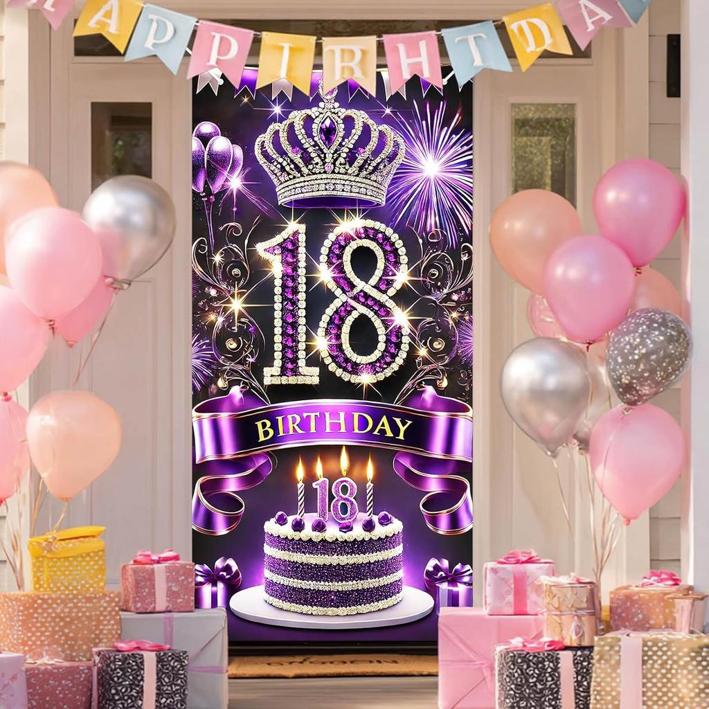 16th Birthday Door Cover 71x35 Inch Blue and Silver Birthday Banner for Party Decorations Balloon Ribbon Backdrop Sign for Boys Girls Teens Photo
