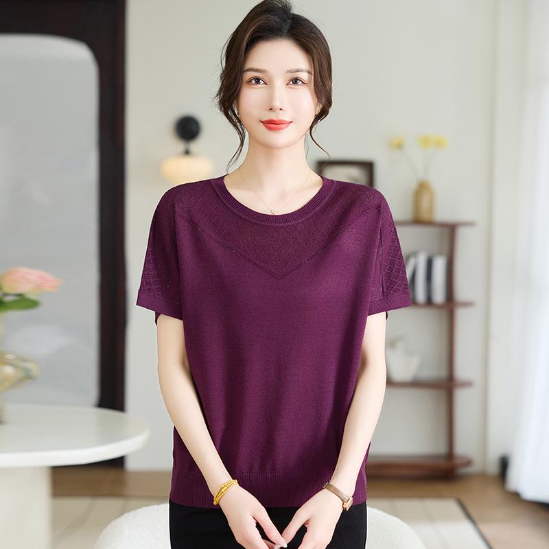 

Elegant Ice Silk Short-Sleeve Top for Middle-Aged and Elderly Women - Summer 2026 Collection 110 (suggested for 90-110 lbs) темно-фіолетовий колір