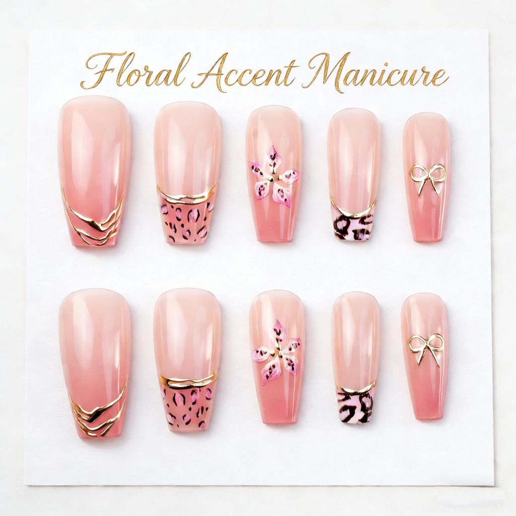 30-Piece Set: Handmade Almond Nails with 3D Flowers, Butterflies & Pearls