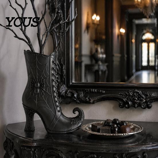 Halloween Themed Floral Display Vessel Witch Boot Vase, Gothic Spider Web Flower Black Decorative Vase with Purple Accents Table
