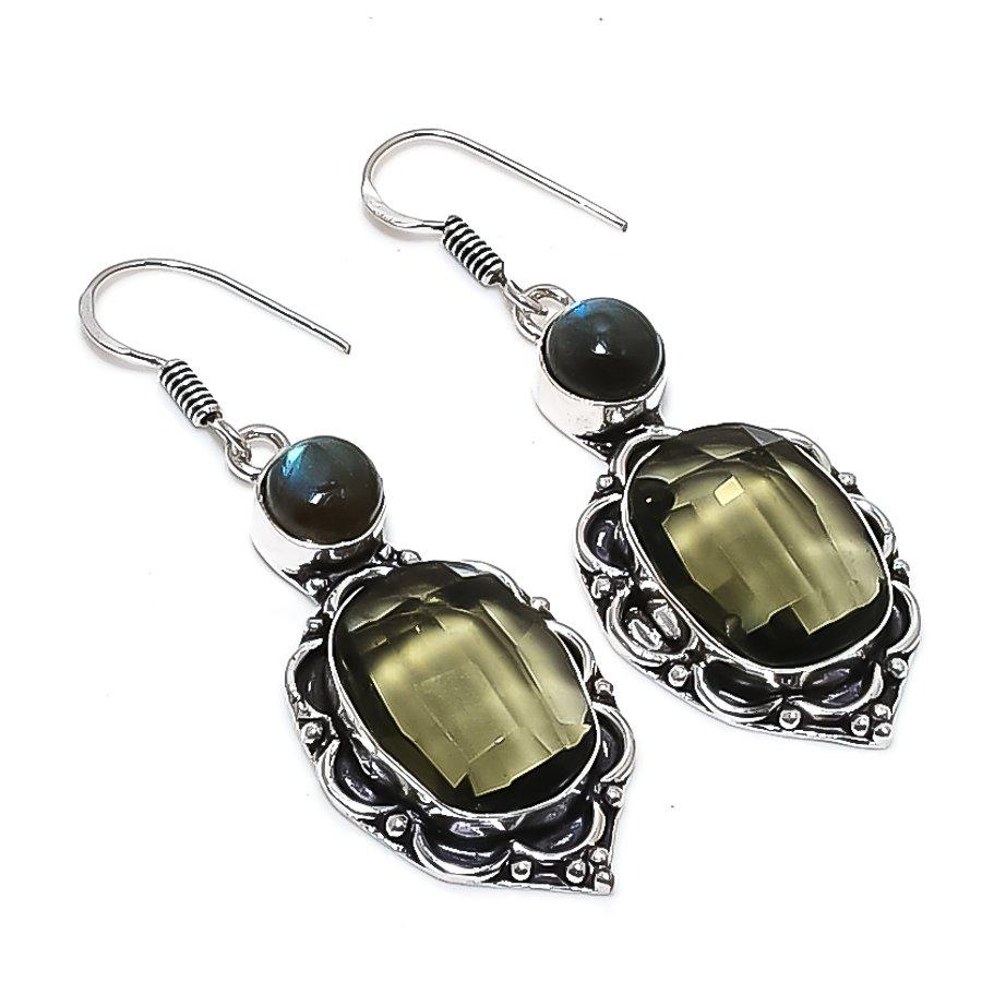 Natural Smoky Topaz, Labradorite 925 Sterling Silver Jewelry Earring 2.29" B8R01