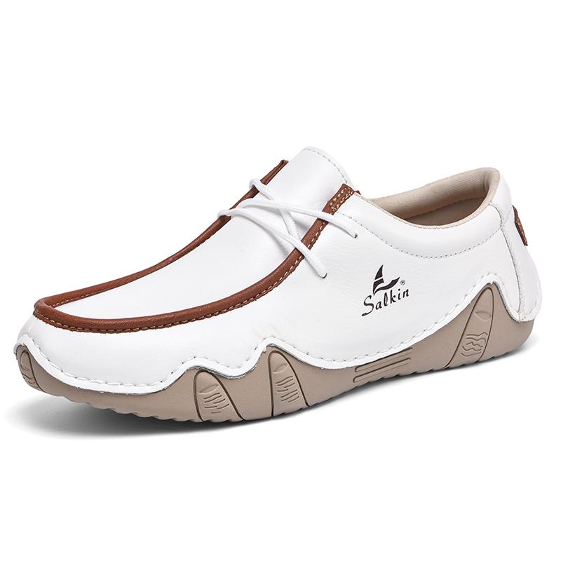 Men’s White Driving Shoes Handmade Moccasins Casual Retro Men’s Outdoor Wide Shoes Plus Size Anti Slip Boat Shoes