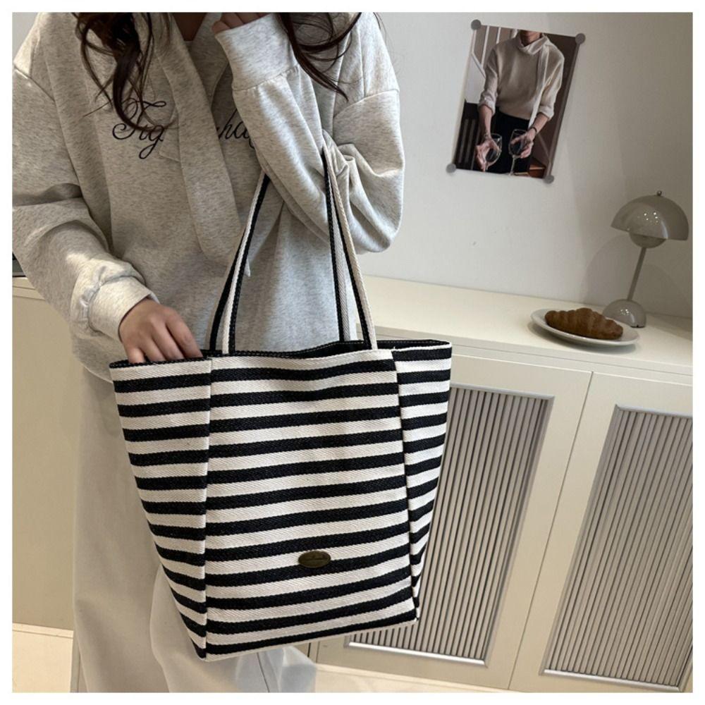 Letter Stripe Canvas Bag Striped Tote Bag Simple Cloth Shoulder Bag  Girls