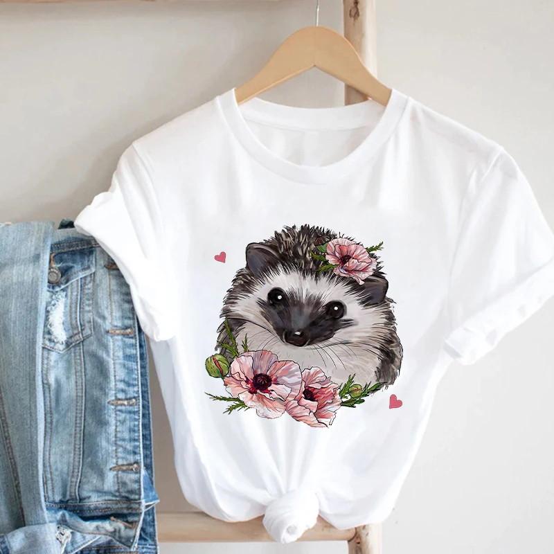 Pink Women Tshirts Casual Cute Cartoon Hedgehog Floral Graphic Print Female Tee Tops Harajuku Fashion Short Sleeve T Shirt Femme
