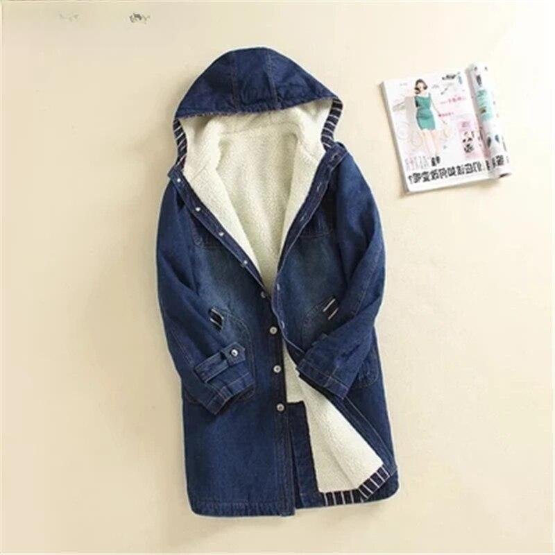 Women's Thick Hooded Mid-length Waist Denim Cotton-padded Jacket Fleece Cotton-padded Jacket