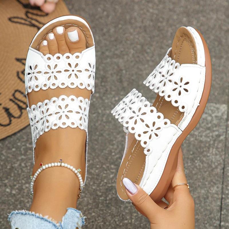 Fashion Hollow Out Flower Wedge Sandals for Women Summer 2025 Comfortable Non Slip Beach Shoes Woman Lightweight White Platform Slippers