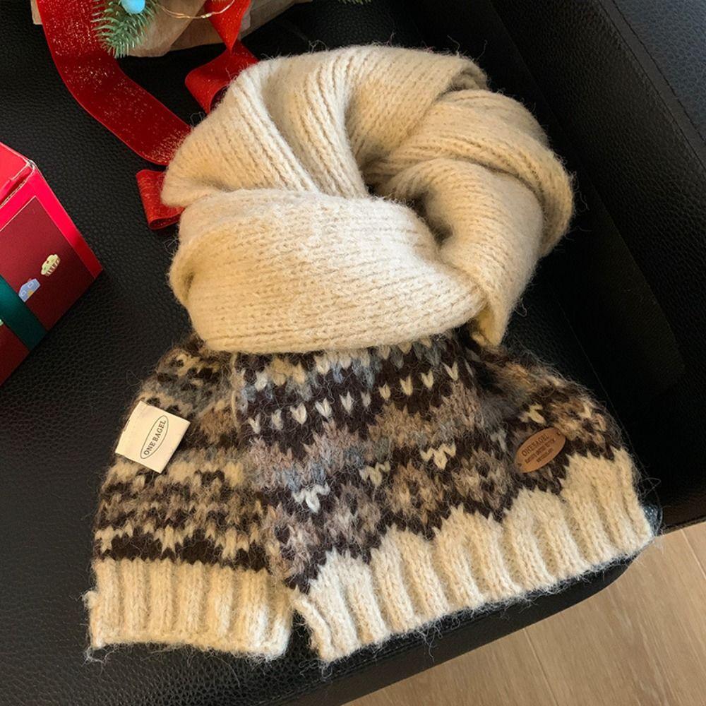 Plush Jacquard Knitted Scarf Thicken Fair Isle Style Shawl Retro Winter Cashmere Scarves Women/Men